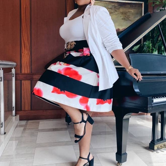 City Chic Black & White Stripe Floral A-Line Skirt - Picture 2 of 10